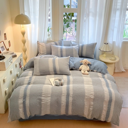 莱茵家居 2025春夏新款A类色织华夫格提花全棉四件套 落雨-蓝白条