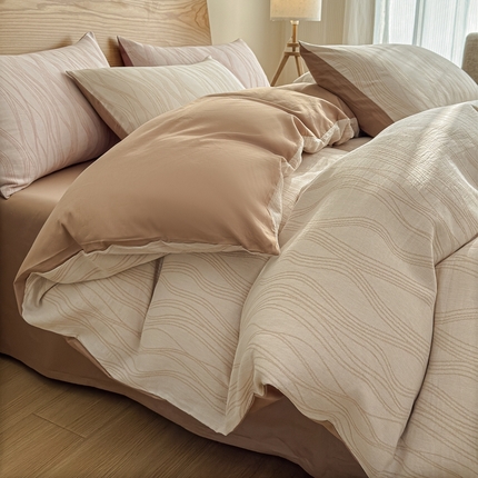 莱茵家居 2025春夏新款A类三层纱色织提花全棉四件套 风研咖