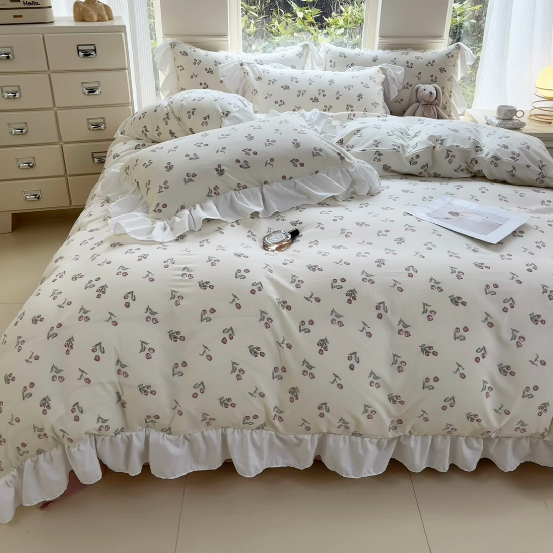 91家纺网 家纺一手货源 找家纺 （总）慕希2025新款有氧针织棉双层纱韩版提花大花边公主风印花四件套