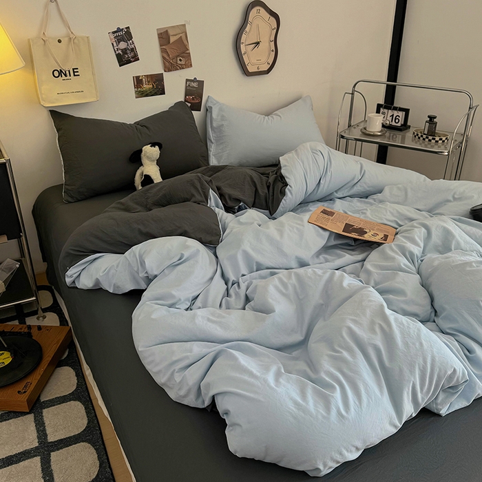 91家纺网 家纺一手货源 找家纺 耀达家居 2025新款纯色A类水洗棉双拼四件套 海盐蓝灰