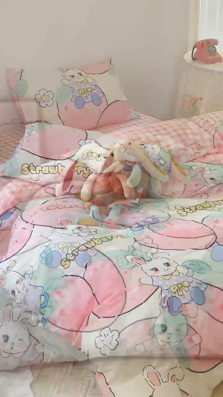 91家纺网 家纺一手货源 找家纺 2025春夏新款全棉小清新卡通碎花学生季三件套四件套 草莓兔