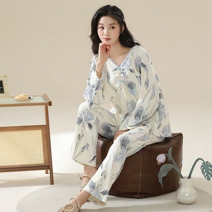 91家纺网 家纺一手货源 找家纺 （总）洛兰沙家居馆【只代发】【只代发】 【7A抑菌】睡衣女款春秋季纯棉长袖娃娃装休闲熊猫全棉家居服