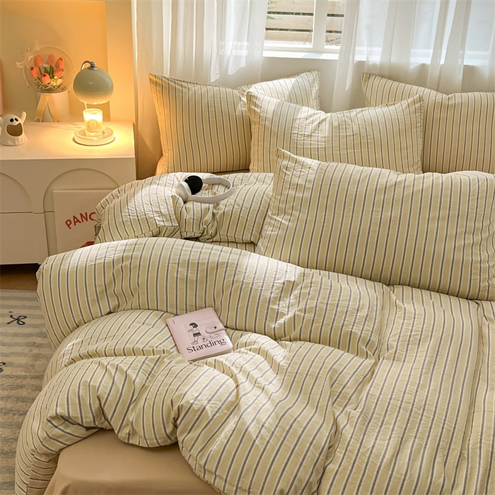 91家纺网 家纺一手货源 找家纺 盛秋家纺 2025新款亲肤格子水洗棉条纹格子四件套【简约风】泡芙黄+奶茶