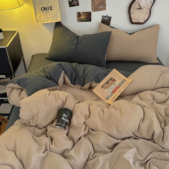 91家纺网 家纺一手货源 找家纺 耀达家居 2025新款纯色A类水洗棉双拼四件套 奶茶灰
