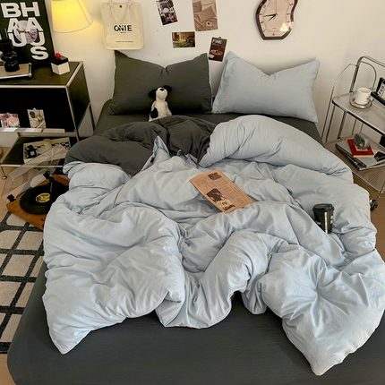 耀达家居 2025新款纯色A类水洗棉双拼四件套 海盐蓝灰