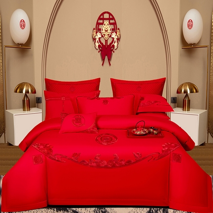 蒂爵2025新款婚庆四件套A版长绒棉绣花 B版100长绒棉（加大+20元）			 喜气洋洋