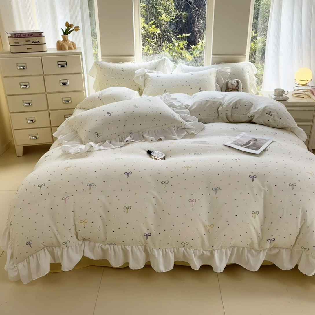 91家纺网 家纺一手货源 找家纺 （总）慕希2025新款有氧针织棉双层纱韩版提花大花边公主风印花四件套