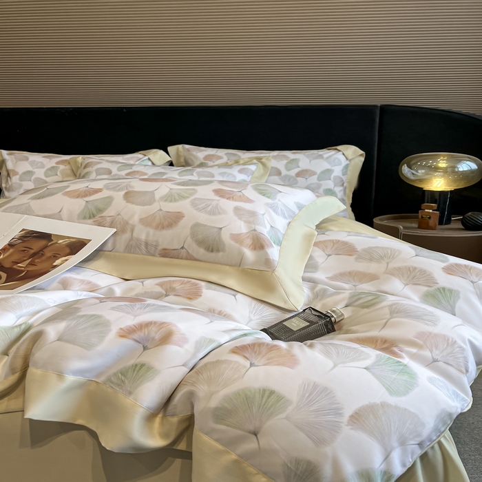 91家纺网 家纺一手货源 找家纺 2025春夏新款简奢款嵌绳莱赛尔数码印花四件套单夏被床笠床单款 林间蜜杏