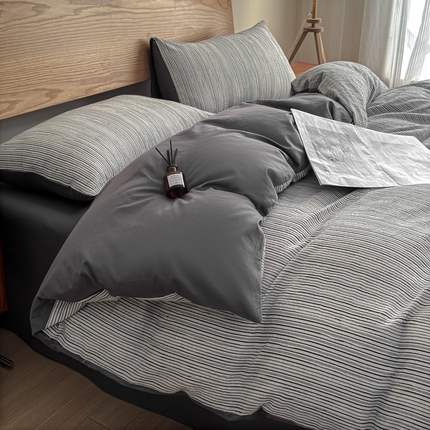 91家纺网 家纺一手货源 找家纺 莱茵家居 2025春夏新款A类色织皱皱纱全棉四件套 静寂-深灰