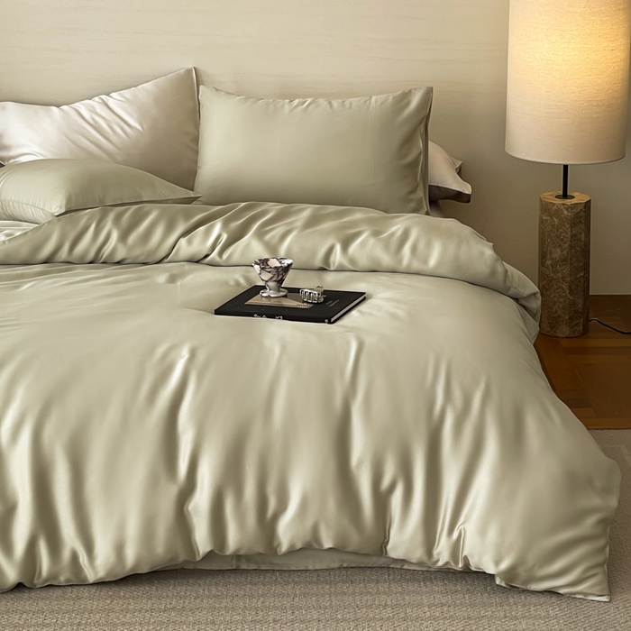 91家纺网 家纺一手货源 找家纺 沐晴家纺 2025春夏新款纯色兰精天丝四件套双拼单被套单床笠床单枕套烟轻绿