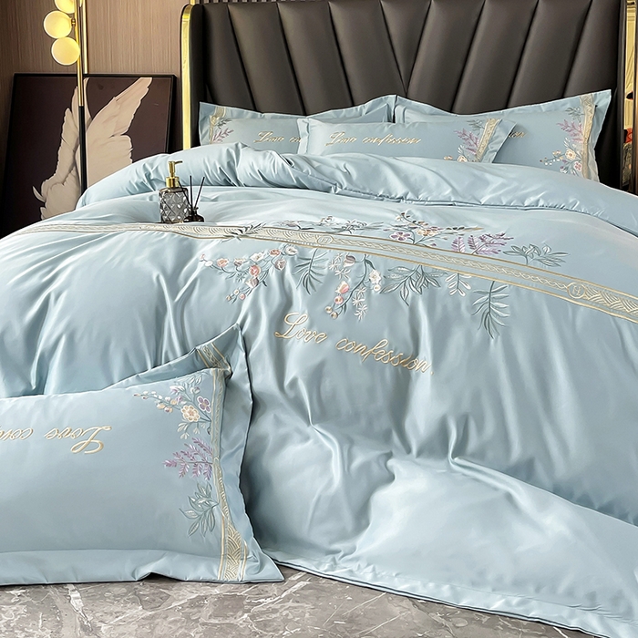 91家纺网 家纺一手货源 找家纺 2025春夏新款轻奢刺绣贡缎冰丝天丝棉四件套-华尔兹系列 华尔兹-梵星绿