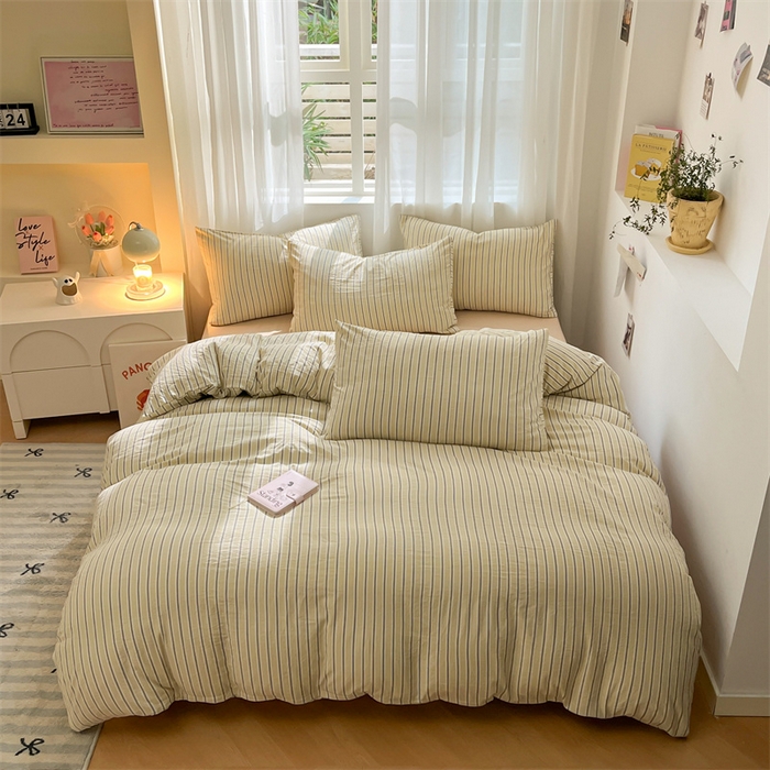 91家纺网 家纺一手货源 找家纺 盛秋家纺 2025新款亲肤格子水洗棉条纹格子四件套【简约风】泡芙黄+奶茶