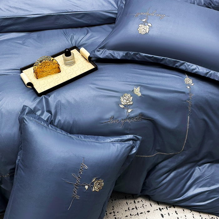 91家纺网 家纺一手货源 找家纺 2025春夏新款春夏新品水洗天丝棉轻奢刺绣四件套-芸伊 蓝