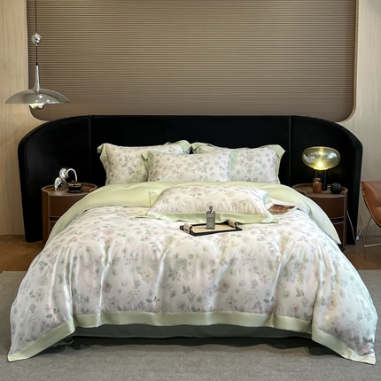 2025春夏新款简奢款嵌绳莱赛尔数码印花四件套单夏被床笠床单款 念池-绿