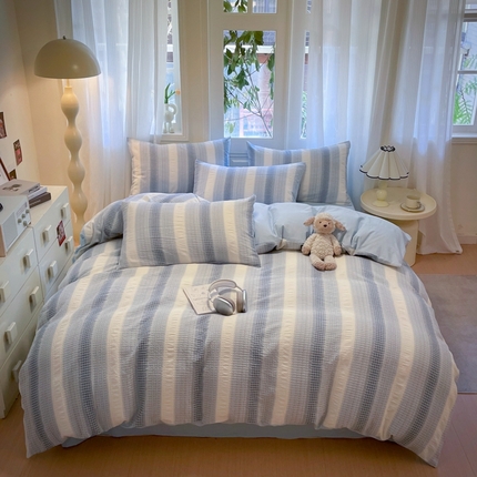 莱茵家居 2025春夏新款A类色织华夫格提花全棉四件套 泛歌-蓝白条