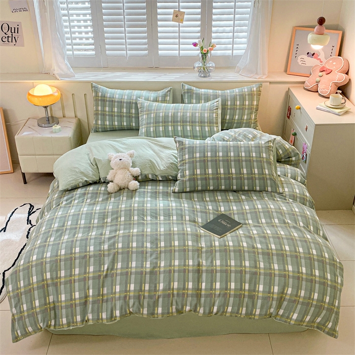 91家纺网 家纺一手货源 找家纺 盛秋家纺 2025新款亲肤格子水洗棉条纹格子四件套【简约风】伯曼+灰绿