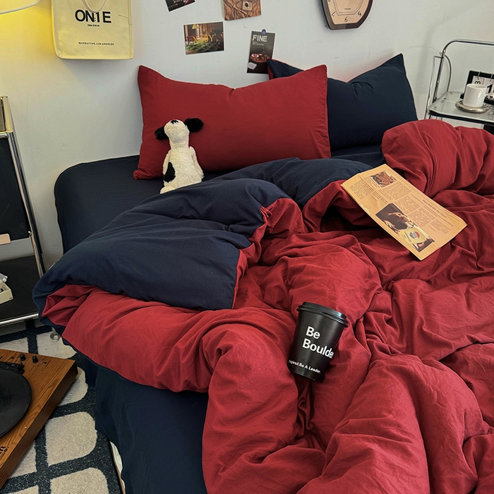 91家纺网 家纺一手货源 找家纺 耀达家居 2025新款纯色A类水洗棉双拼四件套 安可拉红藏蓝