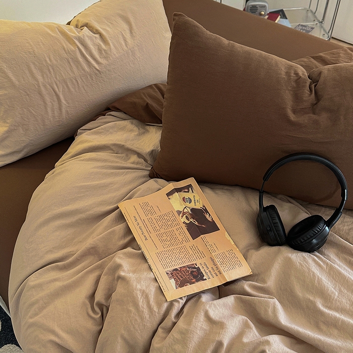 91家纺网 家纺一手货源 找家纺 耀达家居 2025新款纯色A类水洗棉双拼四件套 奶茶可可