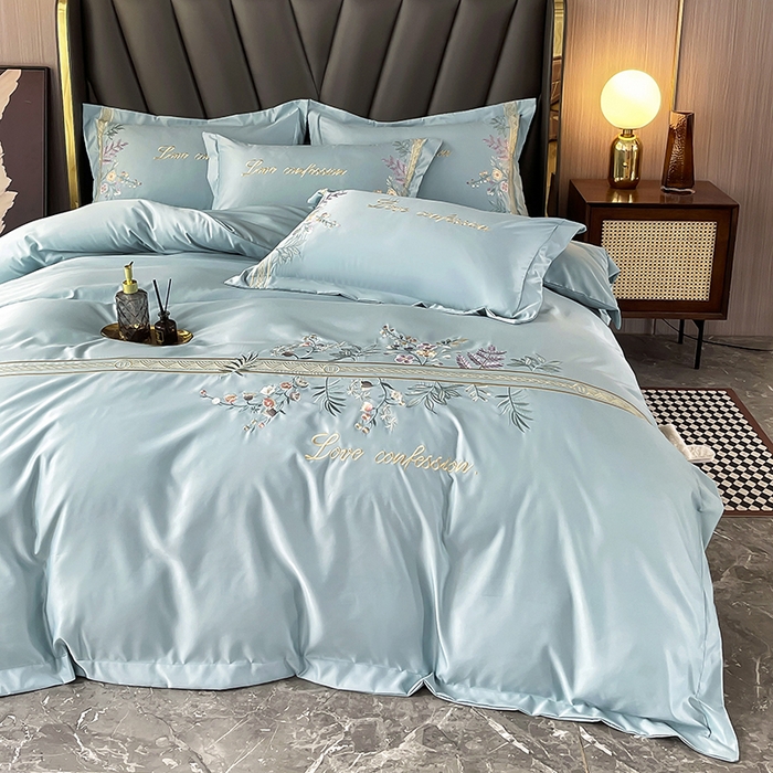 91家纺网 家纺一手货源 找家纺 2025春夏新款轻奢刺绣贡缎冰丝天丝棉四件套-华尔兹系列 华尔兹-梵星绿