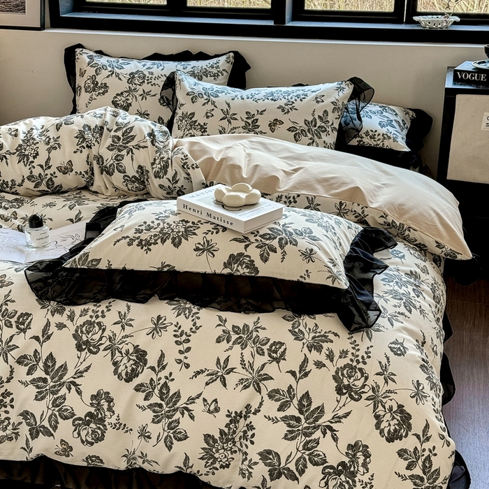 91家纺网 家纺一手货源 找家纺 宅家居 2025新款爆款轻法式赫本风复古印花13372纯棉四件套韩式黑色花边40支全棉三件套 茶花