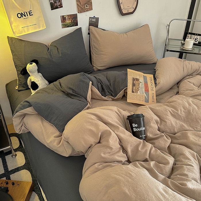 91家纺网 家纺一手货源 找家纺 耀达家居 2025新款纯色A类水洗棉双拼四件套 奶茶灰