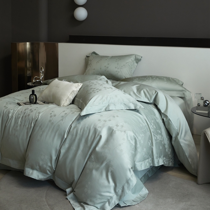 91家纺网 家纺一手货源 找家纺 淳绵家居 2025新款50*50S长绒棉贡缎提花手工立体埋绳工艺四件套（礼盒包装）曼丽（苹果绿）