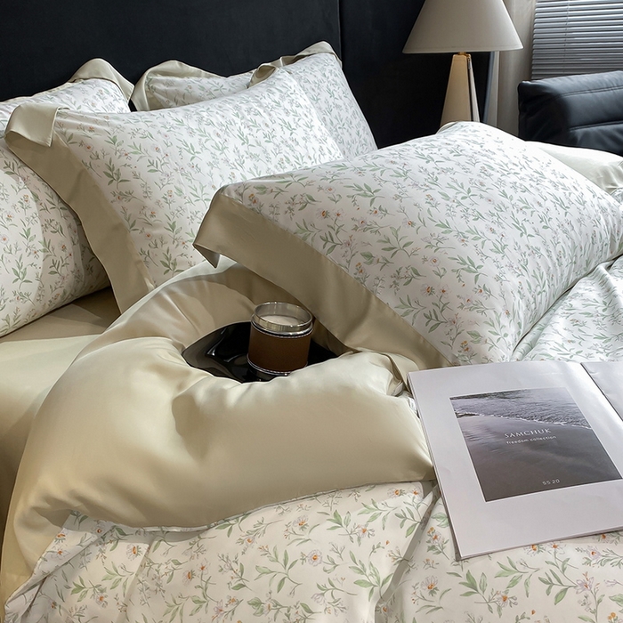 91家纺网 家纺一手货源 找家纺 2025春夏新款简奢款嵌绳莱赛尔数码印花四件套单夏被床笠床单款 漫语佳人 米