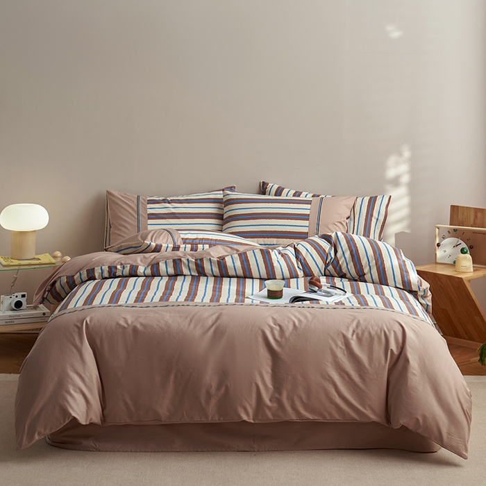 91家纺网 家纺一手货源 找家纺 安莱生活 2025新款全棉日式侘寂风条格系列四件套 咖时