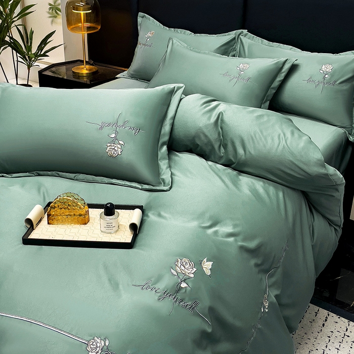 91家纺网 家纺一手货源 找家纺 2025春夏新款春夏新品水洗天丝棉轻奢刺绣四件套-芸伊 宝绿