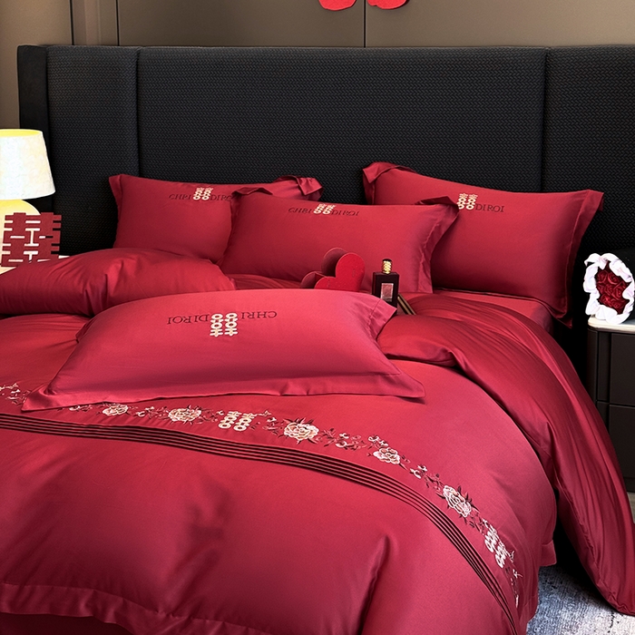 91家纺网 家纺一手货源 找家纺 （总）奥汀洛家纺  2025新款亲肤棉高精密刺绣婚庆四件套-花田喜事