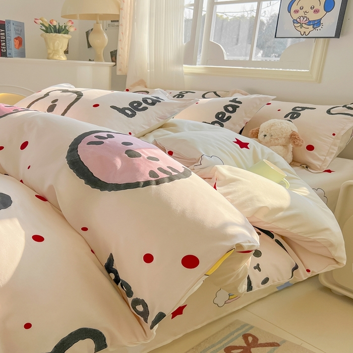 91家纺网 家纺一手货源 找家纺 梦卓家纺 2025新款亲肤芦荟棉单被套 爱心熊