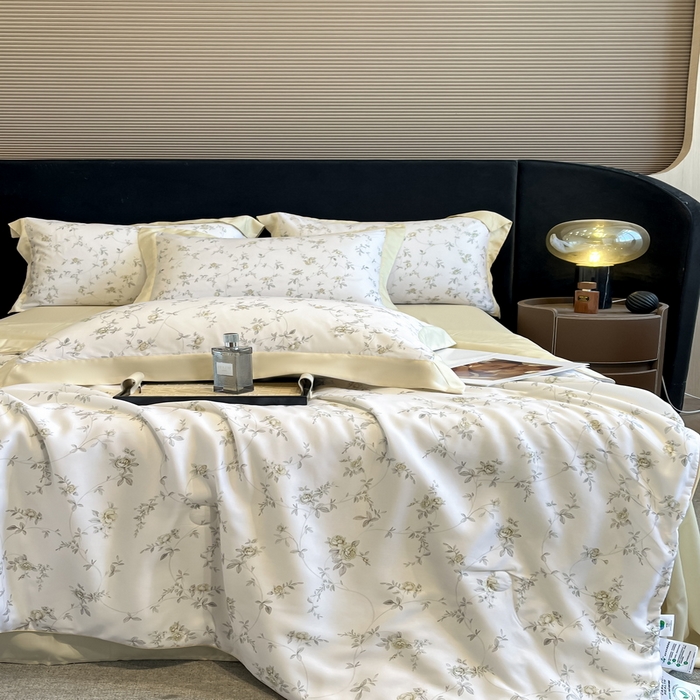 91家纺网 家纺一手货源 找家纺 2025春夏新款简奢款嵌绳莱赛尔数码印花夏被四件套单夏被床笠床单款 云芷