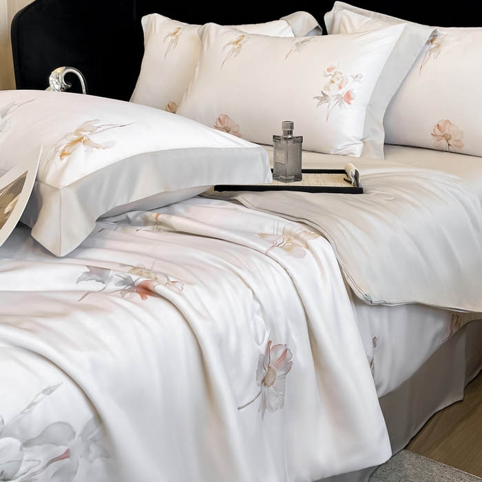 91家纺网 家纺一手货源 找家纺 2025春夏新款简奢款嵌绳莱赛尔数码印花夏被四件套单夏被床笠床单款 遥花