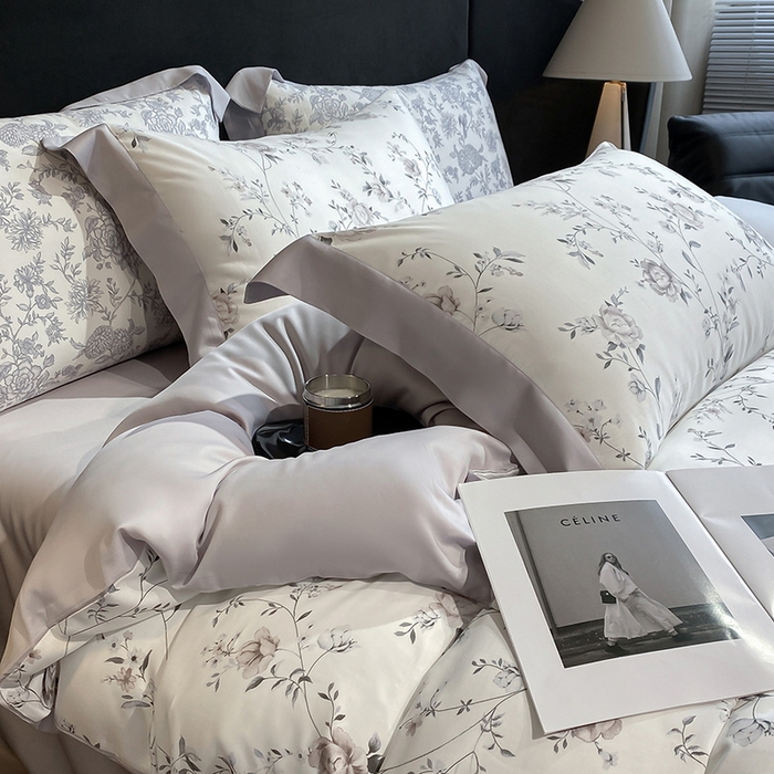 91家纺网 家纺一手货源 找家纺 2025春夏新款简奢款嵌绳莱赛尔数码印花四件套单夏被床笠床单款 情依