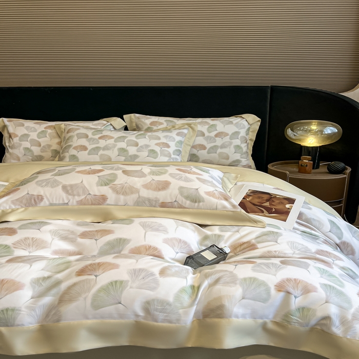 91家纺网 家纺一手货源 找家纺 2025春夏新款简奢款嵌绳莱赛尔数码印花四件套单夏被床笠床单款 林间蜜杏