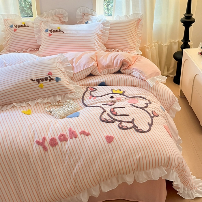 91家纺网 家纺一手货源 找家纺 （总）泉欣家纺 2025新品韩系网红水洗棉卡通毛巾绣花小象考拉系列四件套（专版花型）