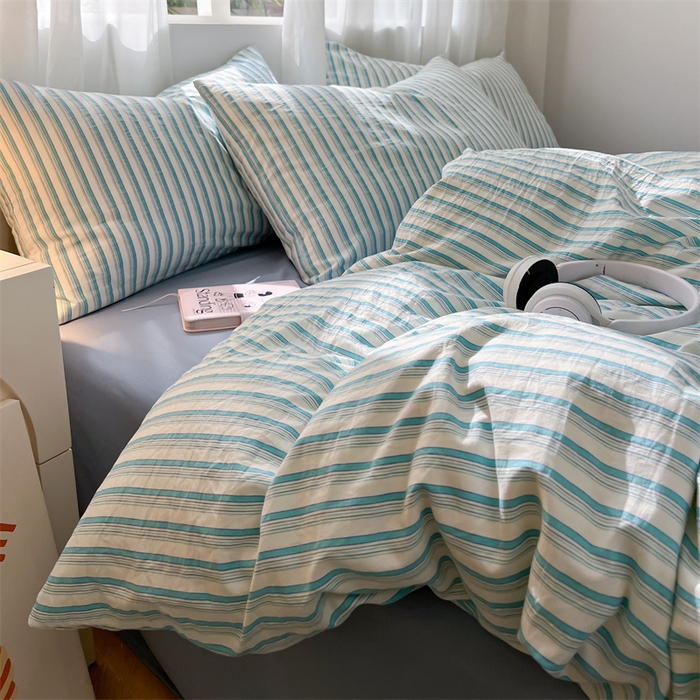 91家纺网 家纺一手货源 找家纺 盛秋家纺 2025新款亲肤格子水洗棉条纹格子四件套【简约风】莫拉绿+海清