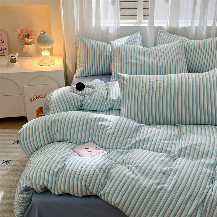 91家纺网 家纺一手货源 找家纺 盛秋家纺 2025新款亲肤格子水洗棉条纹格子四件套【简约风】莫拉绿+海清