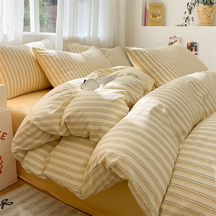 91家纺网 家纺一手货源 找家纺 盛秋家纺 2025新款亲肤格子水洗棉条纹格子四件套【简约风】芝士条纹+云初黄