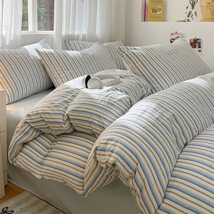 盛秋家纺 2025新款亲肤格子水洗棉条纹格子四件套【简约风】蓝苏条+天空蓝