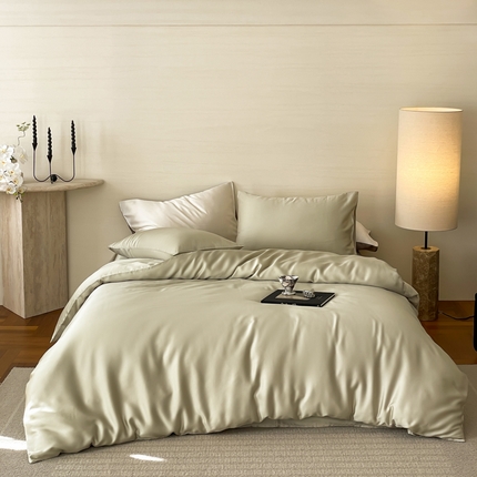 91家纺网 家纺一手货源 找家纺 沐晴家纺 2025春夏新款纯色兰精天丝四件套双拼单被套单床笠床单枕套烟轻绿