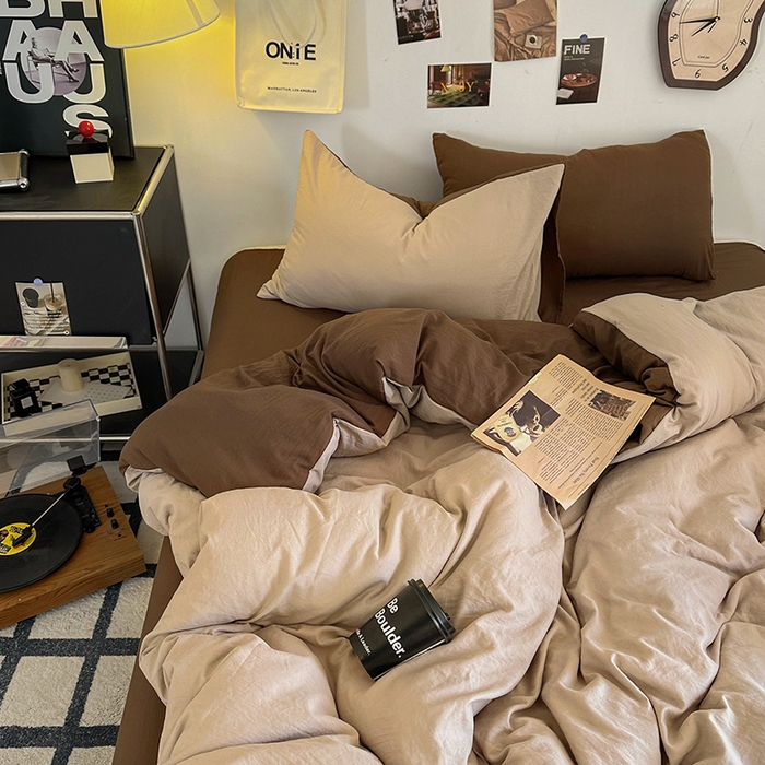 91家纺网 家纺一手货源 找家纺 耀达家居 2025新款纯色A类水洗棉双拼四件套 奶茶可可