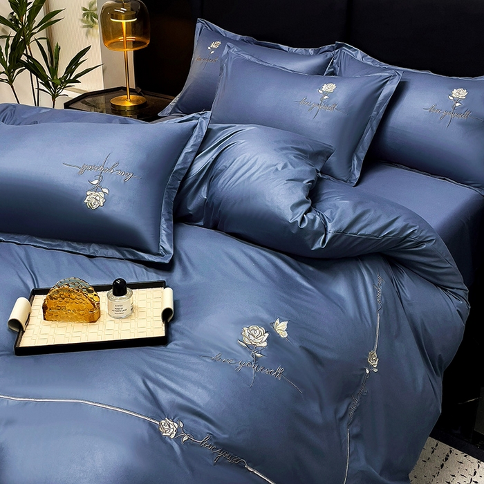 91家纺网 家纺一手货源 找家纺 2025春夏新款春夏新品水洗天丝棉轻奢刺绣四件套-芸伊 蓝