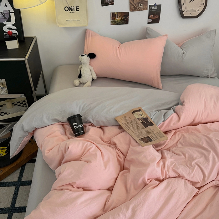 91家纺网 家纺一手货源 找家纺 耀达家居 2025新款纯色A类水洗棉双拼四件套 芭蕾灰粉