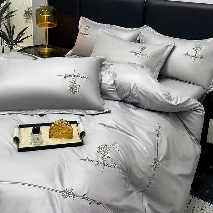 91家纺网 家纺一手货源 找家纺 2025春夏新款春夏新品水洗天丝棉轻奢刺绣四件套-芸伊 灰