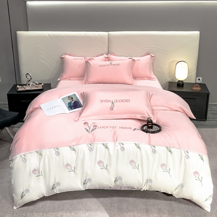 2025新款天丝双拼刺绣四件套-卡骆驰 樱花粉