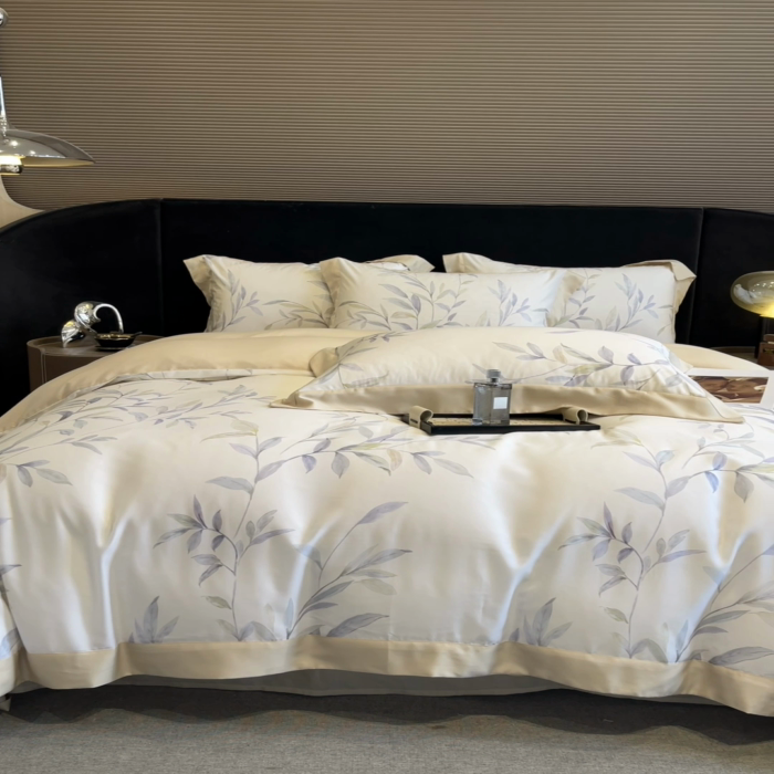 91家纺网 家纺一手货源 找家纺 2025春夏新款简奢款嵌绳莱赛尔数码印花四件套单夏被床笠床单款 春晓雨梦