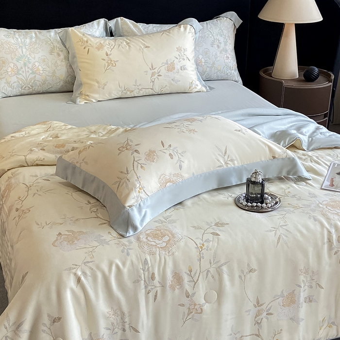 91家纺网 家纺一手货源 找家纺 2025春夏新款简奢款嵌绳莱赛尔数码印花夏被四件套单夏被床笠床单款 妍艺 黄 