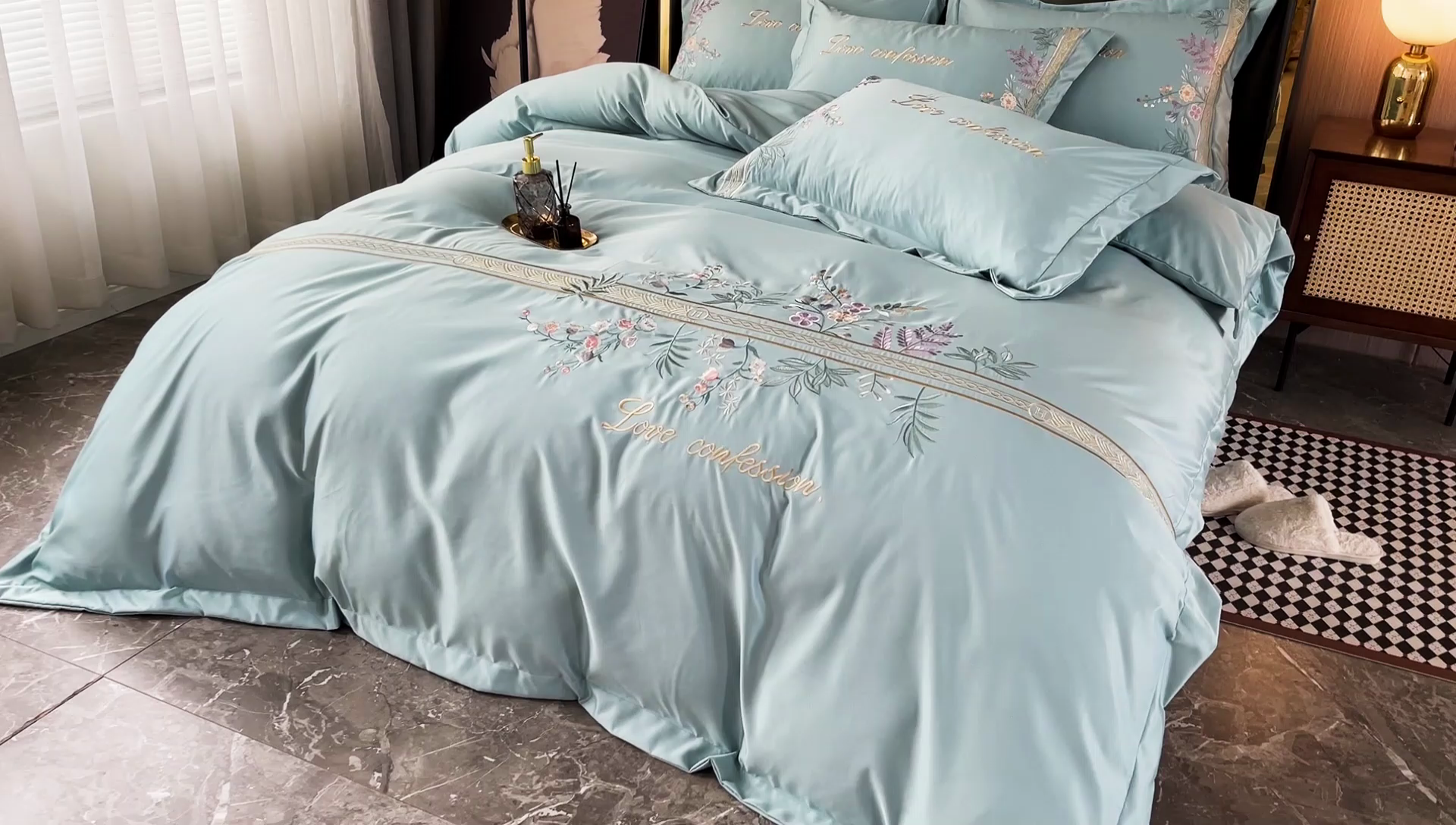 91家纺网 家纺一手货源 找家纺 2025春夏新款轻奢刺绣贡缎冰丝天丝棉四件套-华尔兹系列 华尔兹-梵星绿