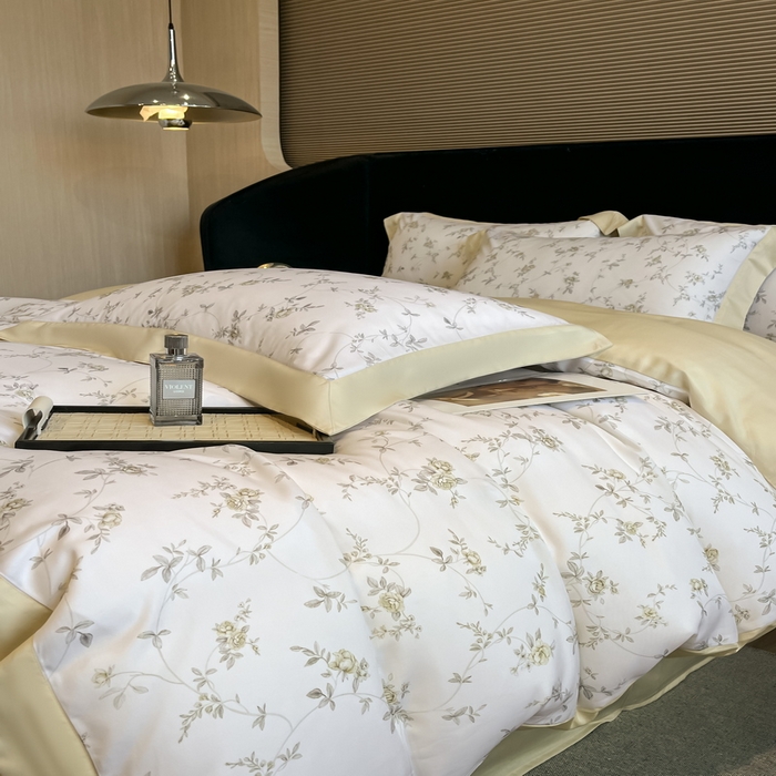 91家纺网 家纺一手货源 找家纺 2025春夏新款简奢款嵌绳莱赛尔数码印花四件套单夏被床笠床单款 云芷